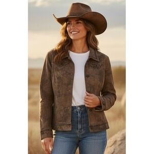 Reba Women's Western Embellished Denim Jacket Size L Brown Metallic Snap Front